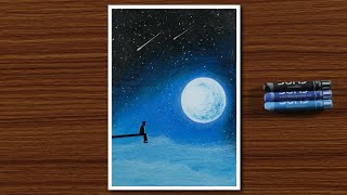 Easy Oil Pastel Drawing for Beginners  A Boy in Moonlight Night  STEP by STEP [upl. by Annoiek768]