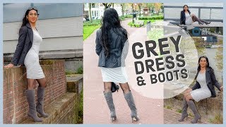 Crossdresser  grey dress with gray boots and fishnets tights [upl. by Stephie168]