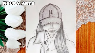 رسم سهل  رسم بنات  تعليم رسم بنت كيوت تضع قبعة بي تي اس خطوة بخطوة  رسم بنات سهل جدا  رسم [upl. by Muiram334]