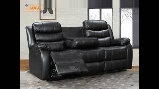 Black Leather 3 Seater Sofa with Drop Down Table Cup Holders  0 Finance Available [upl. by Imot]