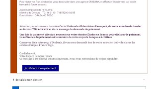 Comment déclarer le payement des frais de dossier Campus FranceQuittance de payement Campus France [upl. by Ahsiral]