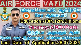 Indian Airforce Vayu Rect 2024Vacancy250010th12th diplomaLast Date of Apply28072024 [upl. by Erdne872]