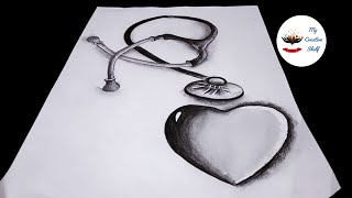 How to Draw 3D Stethoscope and 3D Heart Water Drop Effect  3D Art Step by step [upl. by Rebeh983]