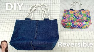 DIY Reversible Lined Tote Bag  Denim Jeans Bag with Knotted Rope Straps [upl. by Bishop]