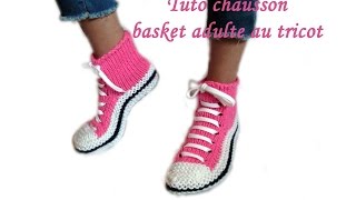 TUTO CHAUSSON CHAUSSETTE BASKET ADULTE AU TRICOT FACILE slipper sock knitting basket adult [upl. by Theurer]