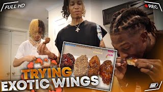 TRYING EXOTIC FLAVORED CHICKEN WINGS FT AYO amp TEO [upl. by Gnaoh]