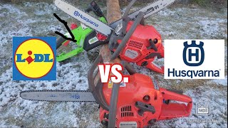 LIDL electric CHAINSAW vs HUSQVARNA hobby CHAINSAWS [upl. by Ttehr]