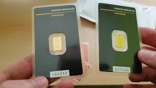 Valcambi Suisse 1g Gold bar amp Argor Heraeus gold bar unboxing [upl. by Minica]