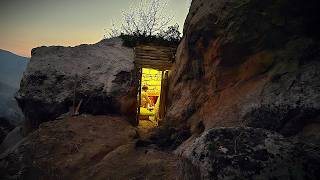 Cozy and Comfort Stone Shelter Between two Rocks in The Rain  Bushcraft Survival Camping [upl. by Howlond]