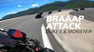 4 BIKES 1 CUP  KTM 890 DUKE  KTM 990 SD  DUCATI MONSTER 1200R RAW SOUND [upl. by Gaven]