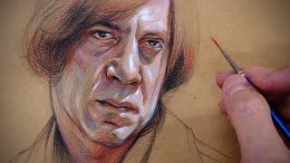 Javier Bardem Portrait DEMO on Kraft paper  Colored pencil  Acrylic  Step by step [upl. by Aihsoem417]