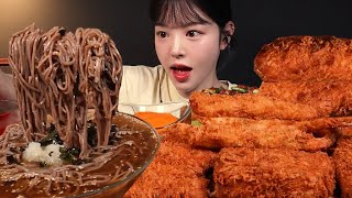 SUB더운 날 시원한 냉모밀 먹방 바삭두툼한 통돈까스 새우튀김까지 꿀조합 리얼사운드 Pork Cutlet Mukbang Asmr [upl. by Aniroz]