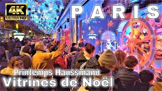 🇫🇷Paris Vitrines de Noël 2021 au Printemps Haussmann【4K】Night Walk in ParisCrowded Christmas Street [upl. by Alexia500]