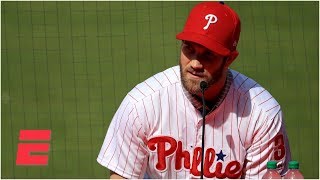 Bryce Harper Phillies introductory press conference New number World Series amp Mike Trout  MLB [upl. by Essinger]