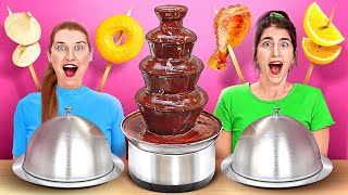 CHOCOLATE FOUNTAIN FONDUE CHALLENGE  Chocolate VS Real Food For 24 Hours By 123 GO CHALLENGE [upl. by Jeane19]