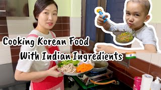 Cooking Korean Food With Indian Ingredients 🇮🇳 Korean Glass Noodles aka Japchae Recipe 🇰🇷 [upl. by Eenhat]