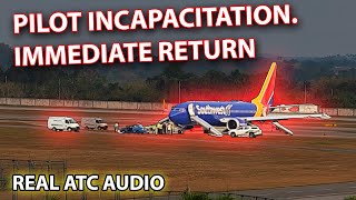 PILOT INCAPACITATED Offduty pilot helps to land Southwest B737 REAL ATC [upl. by Retsila894]