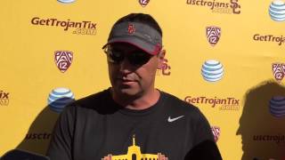 USC coach Steve Sarkisian postpractice 81615 [upl. by Harim]