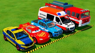 DACIA MCQUEEN CAR FORD POLICE CARS AMBULANCE EMERGENCY TRANSPORTING WITH TRUCKS  FS22 [upl. by Xxam]