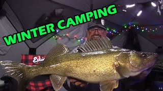 Winter Camping and Ice Fishing BIG Walleye  MERRY CHRISTMAS [upl. by Ahsenar]