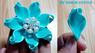 Kanzashi ribbon flower tutorialSatin ribbon craftRibbon flowers easyDiy flower making [upl. by Noside]