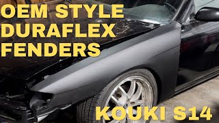 KOUKI CONVERSION USING DURAFLEX FIBERGLASS FENDERS ON 240sx s14 unboxing first impressions fit [upl. by Semadar]