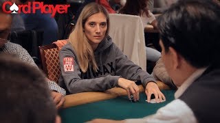 2017 WSOP Gaelle Baumann Talks Selbst Cooler With Quads Over Aces Full [upl. by Yanffit]