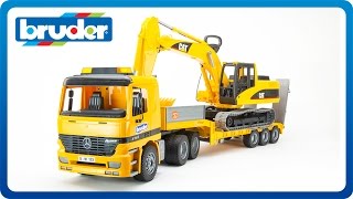 Bruder  00932 CAT Excavator w MB Low Loader Truck [upl. by Astrahan]