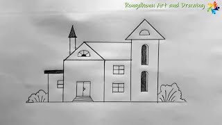 How to Draw My House Picture  Ghor Drawing Easy Tutorial [upl. by Jorin117]