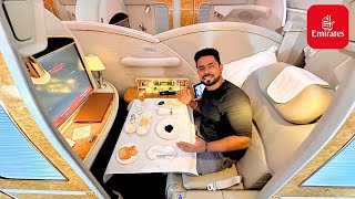 The Complete EMIRATES A380 FIRST CLASS Experience with LUXURY DINING [upl. by Enobe]