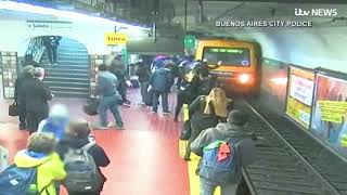 Woman saved after she is pushed onto train tracks by fainting passenger in freak accident  ITV News [upl. by Halimaj73]