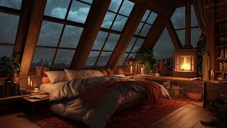 Cozy Attic Bedroom Ambience  Gentle Rain Sounds and Crackling Fireplace for Relaxation and Study [upl. by Marj]