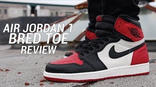 AIR JORDAN 1 BRED TOE REVIEW [upl. by Inhsor933]