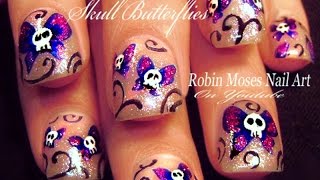 Skull Butterfly Nail Art  DIY Easy Nail Design [upl. by Noskcire]