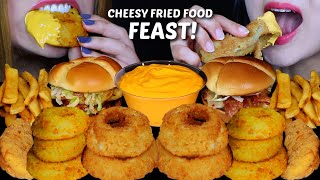 ASMR CHEESY FRIED FOOD FEAST GIANT ONION RINGS FRIED CHICKEN TENDERS BACON CHEESEBURGERS FRIES [upl. by Jules]