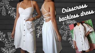 DIY  Spaghetti strap crisscross self tie backless dress from mens shirt  Simply Ryvone [upl. by Assen259]