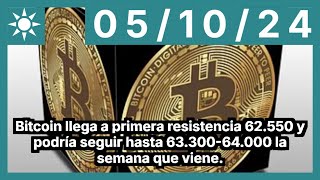 Bitcoin llega a primera resistencia 62550 y podría seguir hasta 6330064000 la semana que viene [upl. by Ayidan918]