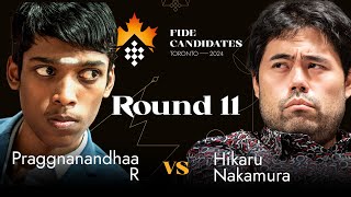 Round 11  Praggnanandhaa R vs Hikaru Nakamura  FIDE Candidates 2024 [upl. by Adiv]