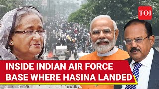 Sheikh Hasina In India Inside Hindon Air Force Base As Doval Meets Ousted Bangladesh PM [upl. by Oreves]