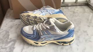 ASICS GelKayano 14 Cream Metallic Blue 1203A537102 [upl. by Drofiar588]