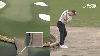 Lucky Or Unlucky Viktor Hovland Plays Golf Shot From Bridge [upl. by Inajar]