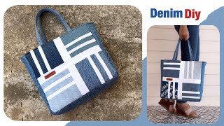 how to sew denim tote bag with zipper tutorial denim sewing tutorial diy patchwork tote bag [upl. by Wrightson]