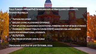 Fully Funded MResampPhD Scholarships at Macquarie University Sydney Australia for 2025 [upl. by Blatt]