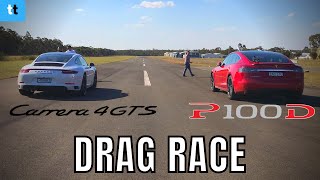 DRAG RACE Tesla Model S P100d vs Porsche 911 Carrera 4 GTS [upl. by Tristas]