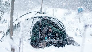 Camping in Heavy snow  snow falls all day camping alone in the snow  Hot tent  snowstorm [upl. by Mozza]