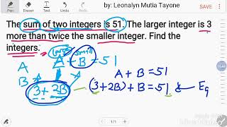 Finding two integers Sum of two integers is 51 Larger integer is 3 more than twice the smaller [upl. by Richlad981]