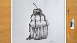 Realistic pencil shading drawing  cup cake sketch easy  pencil art [upl. by Karna526]