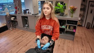 💈Blondie Lady Barber Gives Perfect Beard Trim The Netherlands 🇳🇱 [upl. by Aitnwahs887]