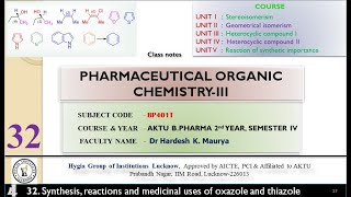 Lecture 32 Synthesis reactions amp medicinal uses of oxazole and thiazole Pharma Org Chem iii BP401T [upl. by Adnirak]