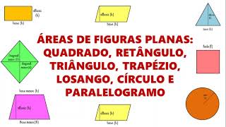 ÁREAS DE FIGURAS PLANAS QUADRADO RETÂNGULO TRIÂNGULO TRAPÉZIO LOSANGO CÍRCULO E PARALELOGRAMO [upl. by Synn]